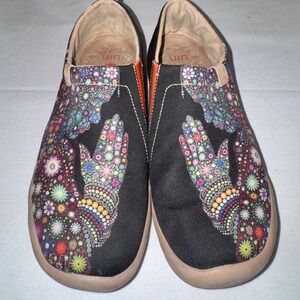 UIN Women Floral Hamsa Hand Canvas Slip On Loafers Toledo Map Sole 92012001 W 8